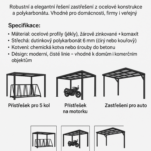 Zastřešení pro Vaše auto, motorku nebo kolo od 35 000Kč
